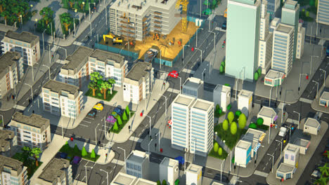 Low-poly-3d-animation-of-the-city-life.-Urban-aerial-view-of-the-city-block-with-skyscrapers,-offices,-shops-and-cars-driving-on-the-streets.-People-are-walking-on-the-crosswalks.