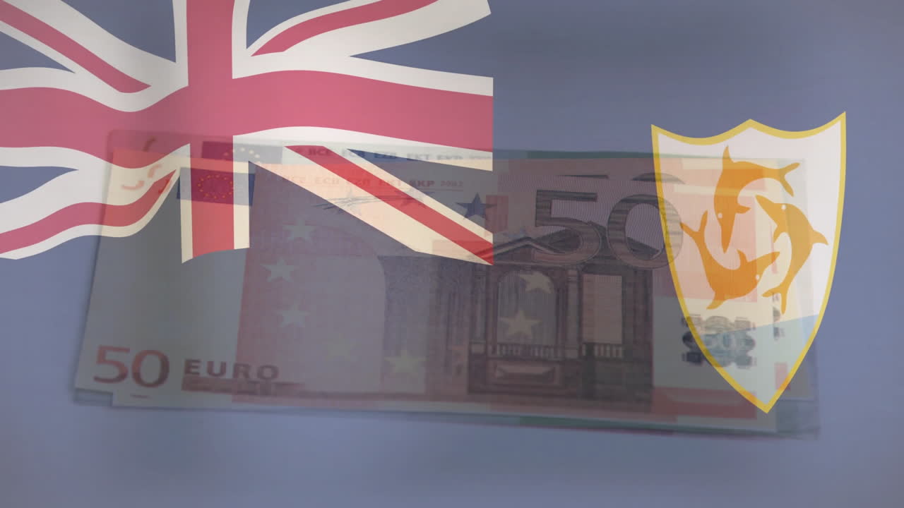 Euro banknote with British and Cypriot flags in animation, symbolizing financial ties