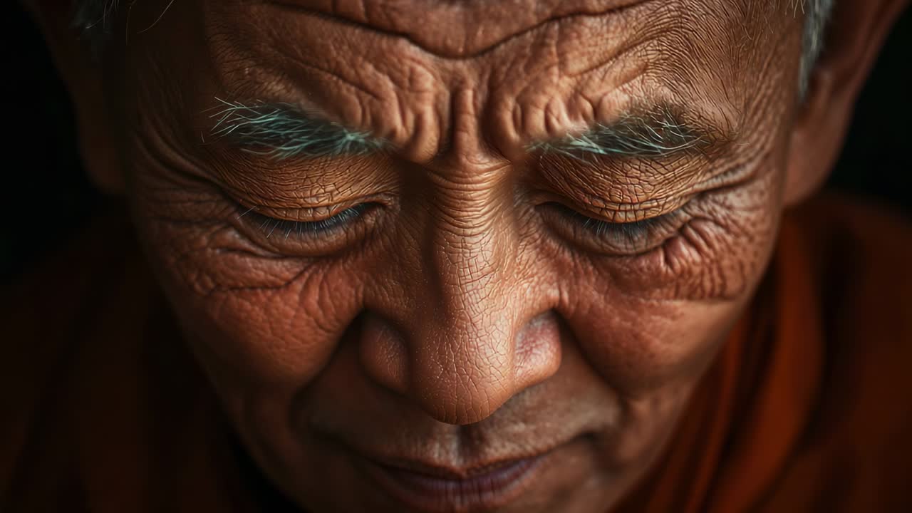 Avvio della registrazione con angolazione della camera su un uomo asiatico anziano con veste color zafferano in studio, con lo sguardo chino e in meditazione