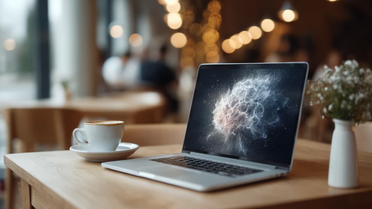 A tranquil workspace featuring a laptop displaying a cosmic design, accompanied by a cup of coffee and decorative flowers, perfect for creative inspiration and productivity