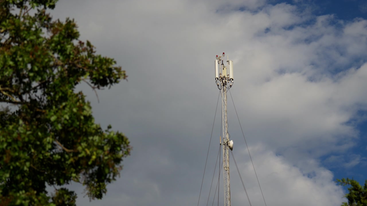 Torre di telecomunicazioni con antenne di rete mobile che si innalza sopra gli alberi contro un cielo nuvoloso. Infrastruttura di comunicazione wireless e tecnologia cellulare in ambiente esterno.