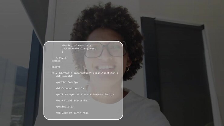 Woman creator turning to window, leaning in, reaching camera, activating animated tech UI for demo