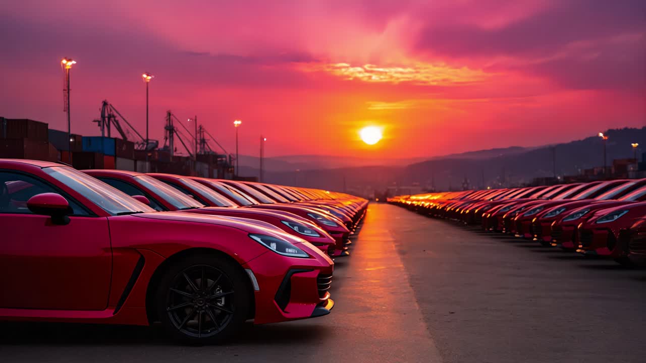 Stunning Sunset Over a Row of Red Sports Cars in a Shipping Yard, Capturing the Vibrance and Beauty of Automotive Design Against Nature's Canvas