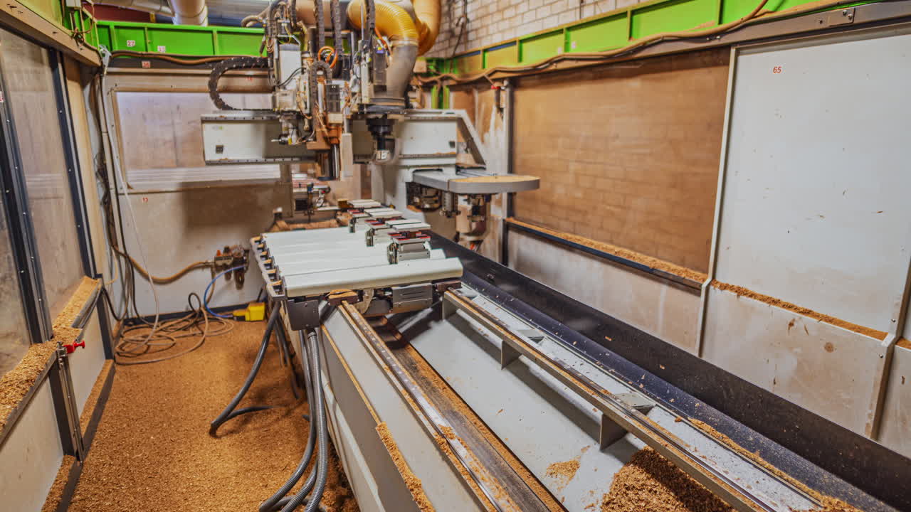 Beautiful wide time lapse of CNC woodworking machine cutting wooden beams at high speed