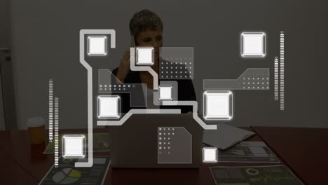 animation of digital interface over businesswoman in office