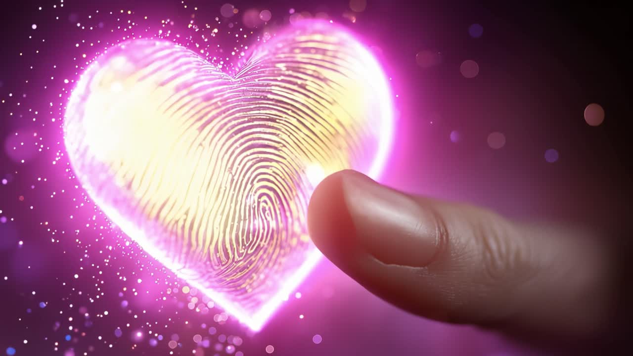 Glowing heart pulses softly with golden light. Fingertips gently touch its shimmering surface. Sparkling particles float around the radiant symbol. Warm hues suggest affection or connection