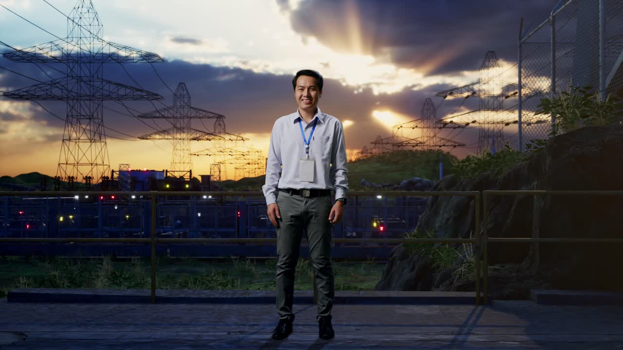 полное тело азиатского мужчины профессиональный работник стоит возле высокого напряжения башни, промышленный объект, он смотрит в камеру и улыбается