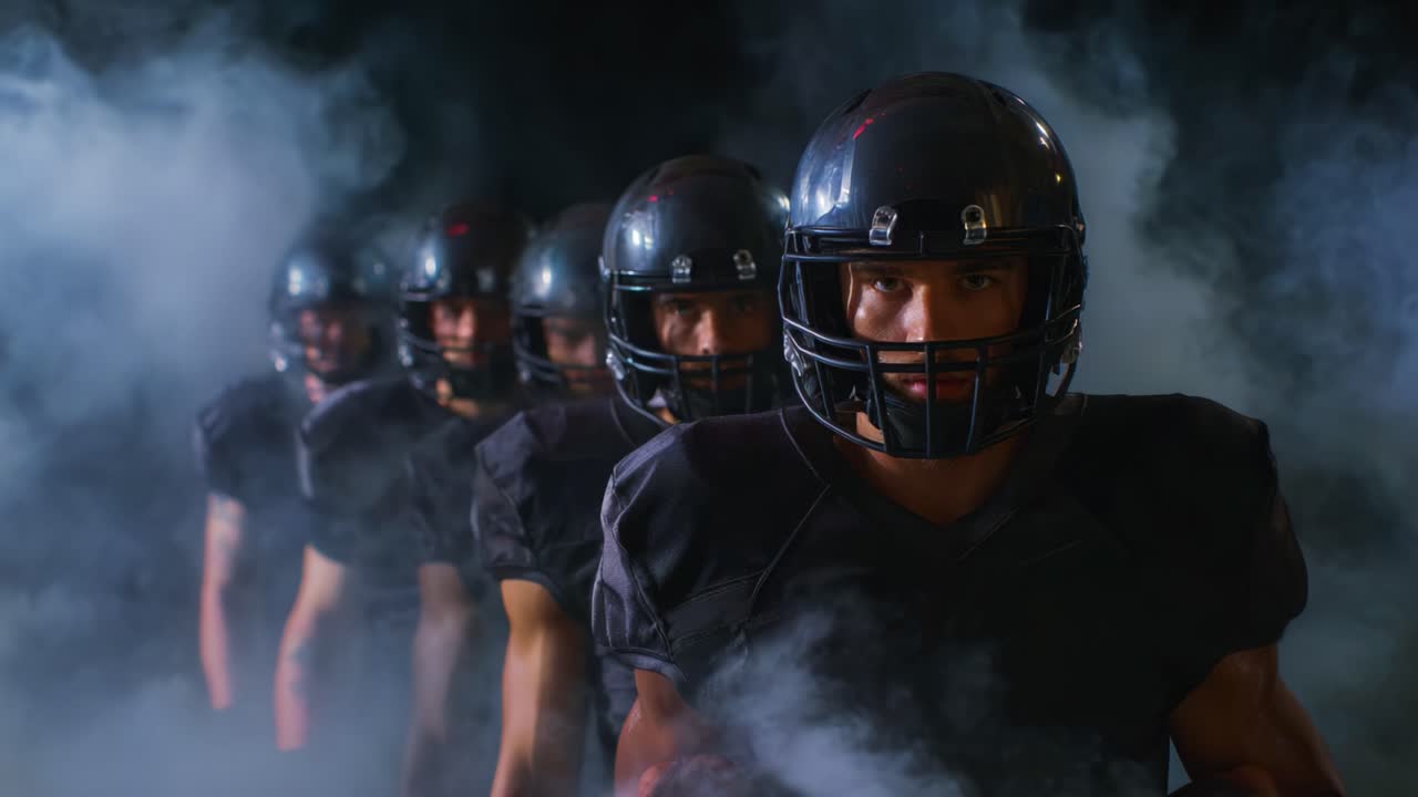 A Powerful Display of Team Spirit: Football Players in Black Uniforms Emerge Dramatically from Fog, Ready to Conquer the Game Ahead with Intense Focus