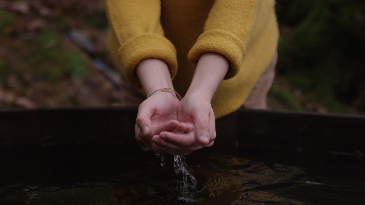 자연에서 손에 여성 컵 물
