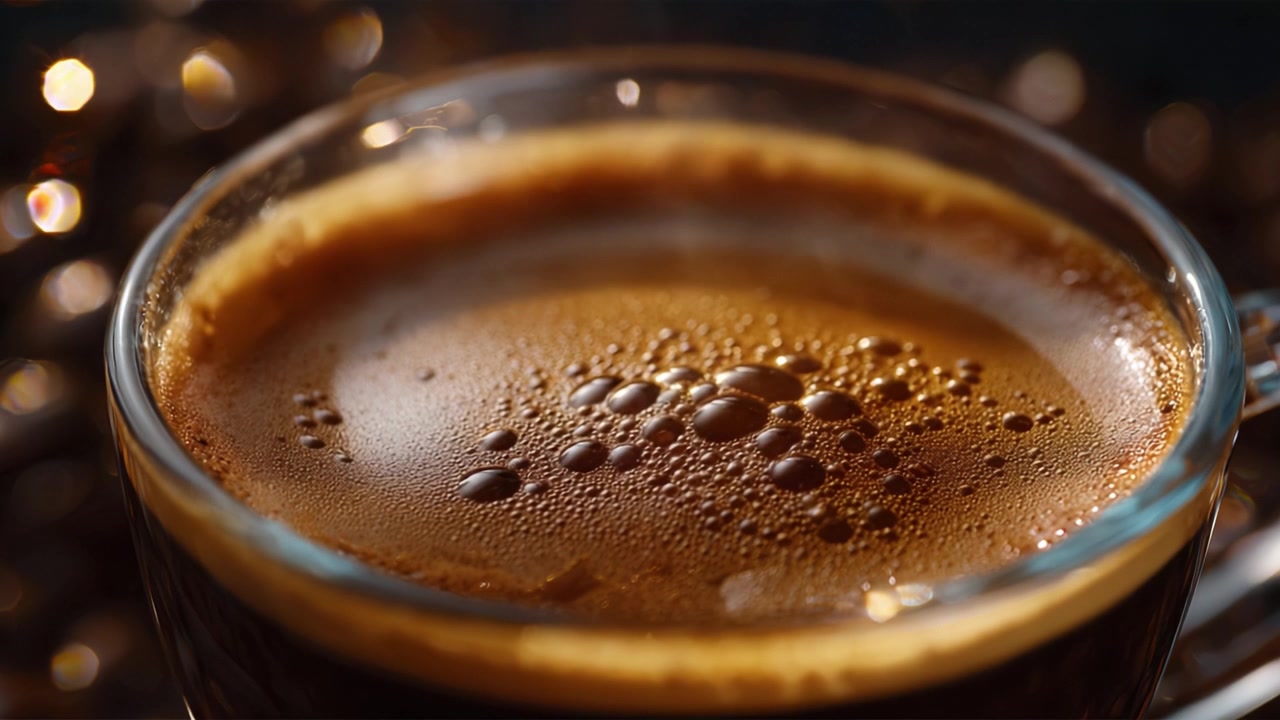 Un primo piano di una tazza di caffè appena preparato, che mostra il suo ricco aroma e la sua consistenza con il vapore che sale, enfatizzando il calore e il comfort che porta.