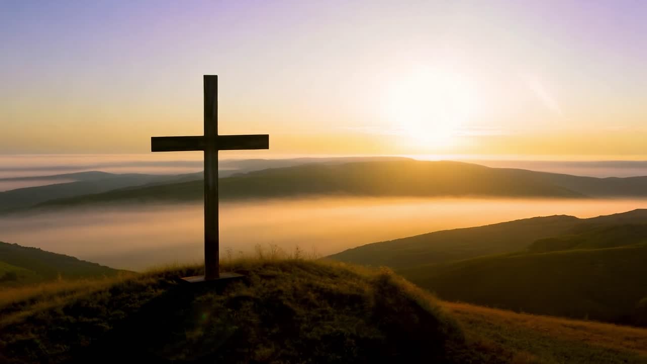 Sunrise illuminates a sea of clouds, showcasing the silhouette of a cross atop a hill, symbolizing faith and hope