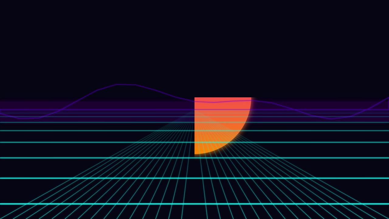 Retro Synthwave Style Grid Landscape with Glowing Orange Sun