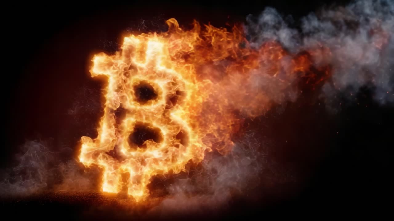 Intensywna ekspozycja symboliki kryptowalut: płonące logo Bitcoin oświetla ciemność płomieniami i dymem, reprezentując bogactwo i cyfrową innowację