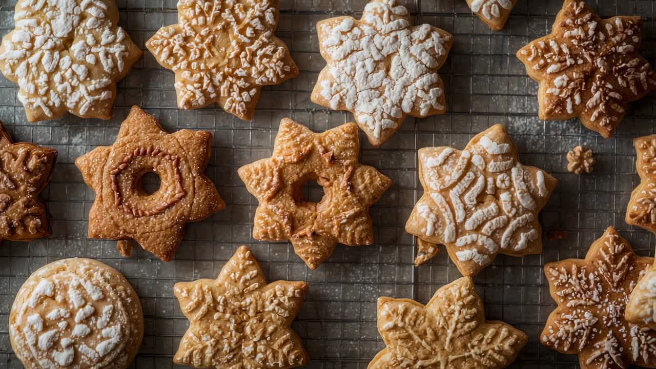 Movimento di camera che ingrandisce la griglia di raffreddamento sul piano di lavoro, mostrando biscotti di pasta frolla a forma di stella e fiocco di neve