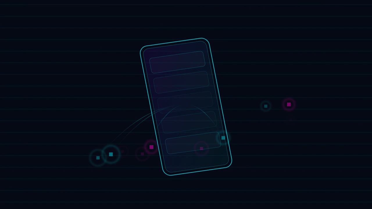 Animazione astratta dell'interfaccia di uno smartphone digitale con particelle fluttuanti