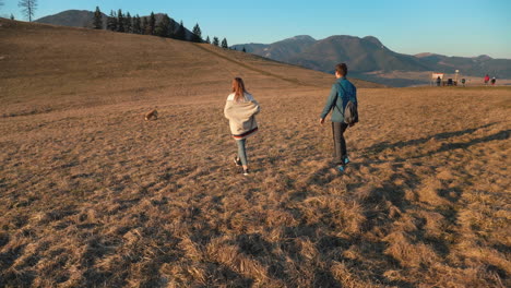 young couple playing with their dog and having fun on the grassy hill in ružomberok, liptov, slovakia. - medium shot