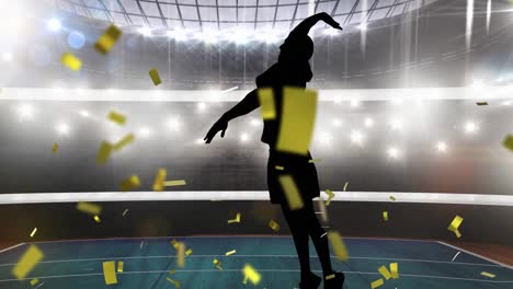 Golden-confetti-falling-over-silhouette-of-male-volleyball-player-against-sports-stadium