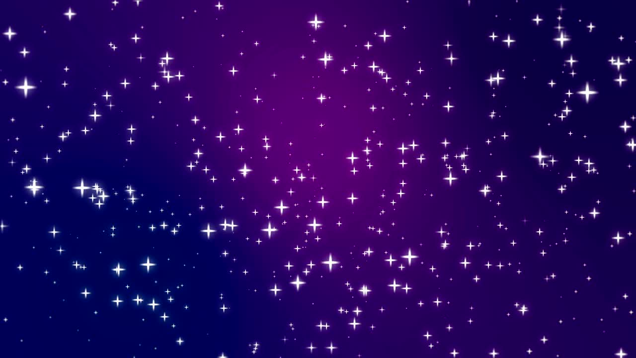 Particelle di luce stellare che si muovono su sfondo viola.