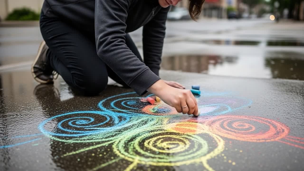 Vibrant Street Art Creation: A Child Engaging with Colorful Chalk on Wet Pavement Demonstrating Creativity and Imagination