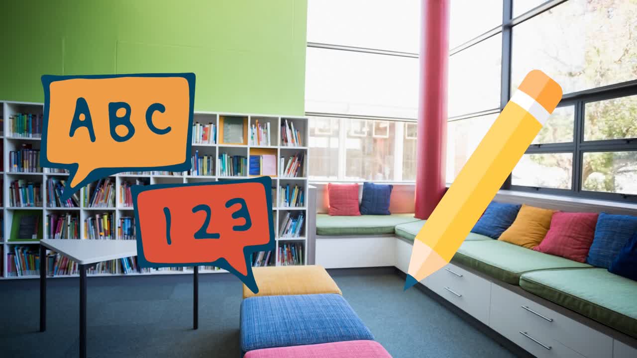 도서관 위로 이동하는 학교 아이콘의 애니메이션