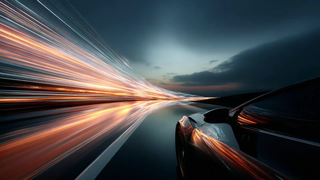 Dynamic Motion and Speed Captured in a Stunning Night Scene: A Car in Motion Creates Vibrant Light Trails Against a Beautiful Twilight Background