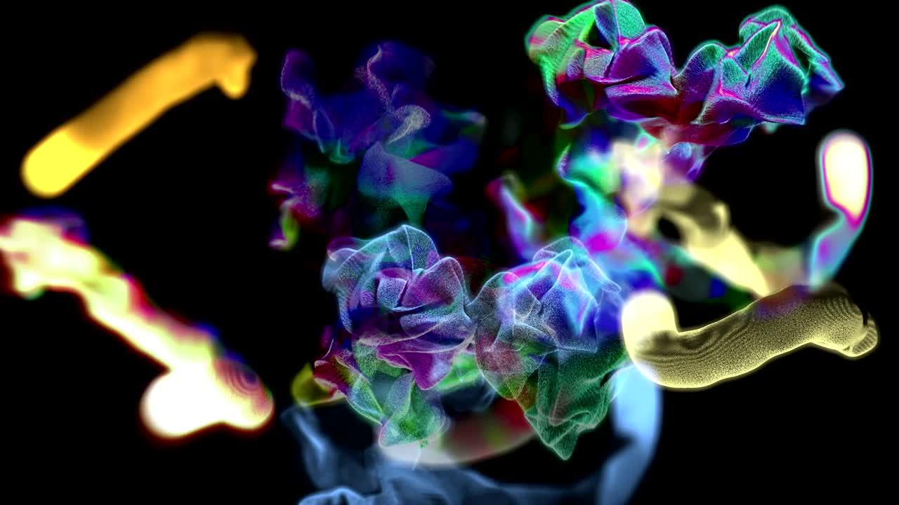 Více rychlých proudů barevných částic, 3D animace, ve smyčce