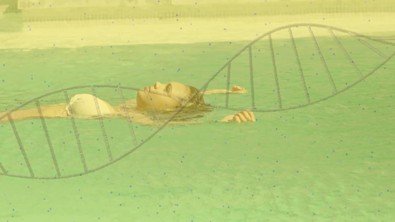 Floating in pool, woman with DNA strand animation overlay, relaxing in water