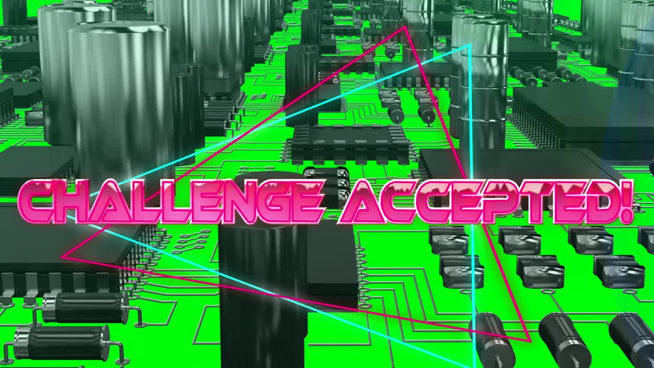 메인보드의 마이크로프로세서 연결의 클로즈업에 대한 네온 삼각형에 대한 도전 받아들여진 텍스트