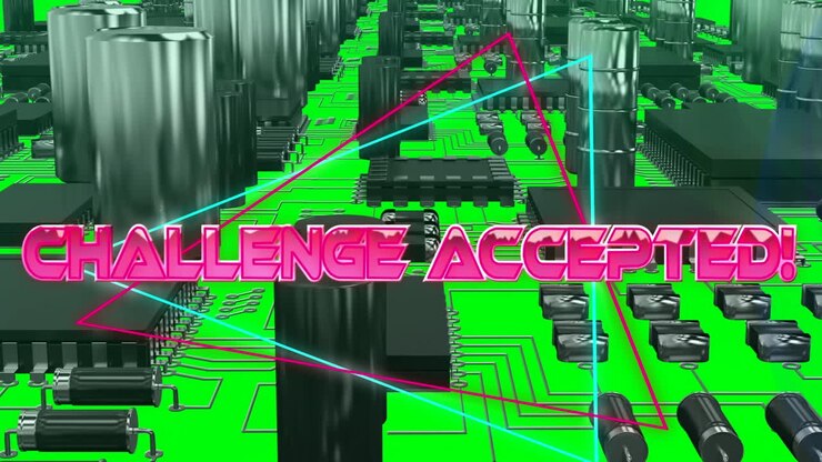 Challenge accepted text on neon triangles over close up of microprocessor connections on motherboard