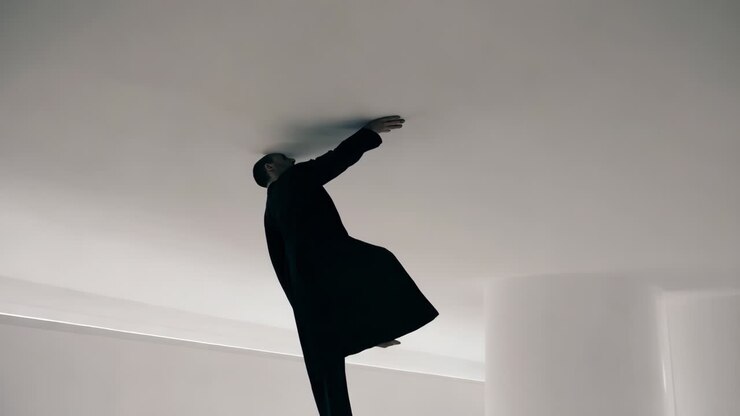 Scena surreale di un uomo con un soffitto bianco