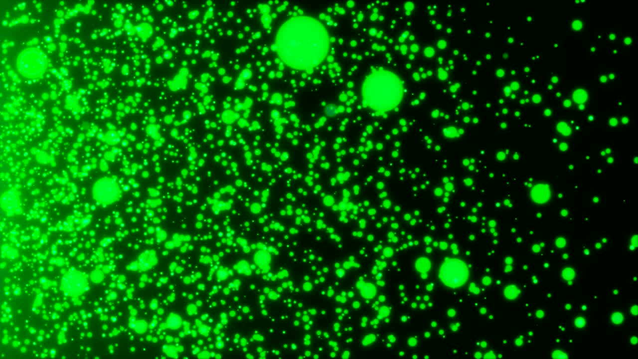 Many abstract small green particles in space, computer generated abstract background