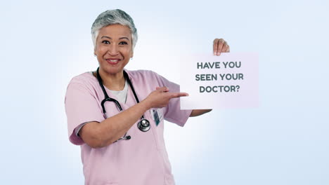 Senior-woman,-doctor-and-sign-with-question