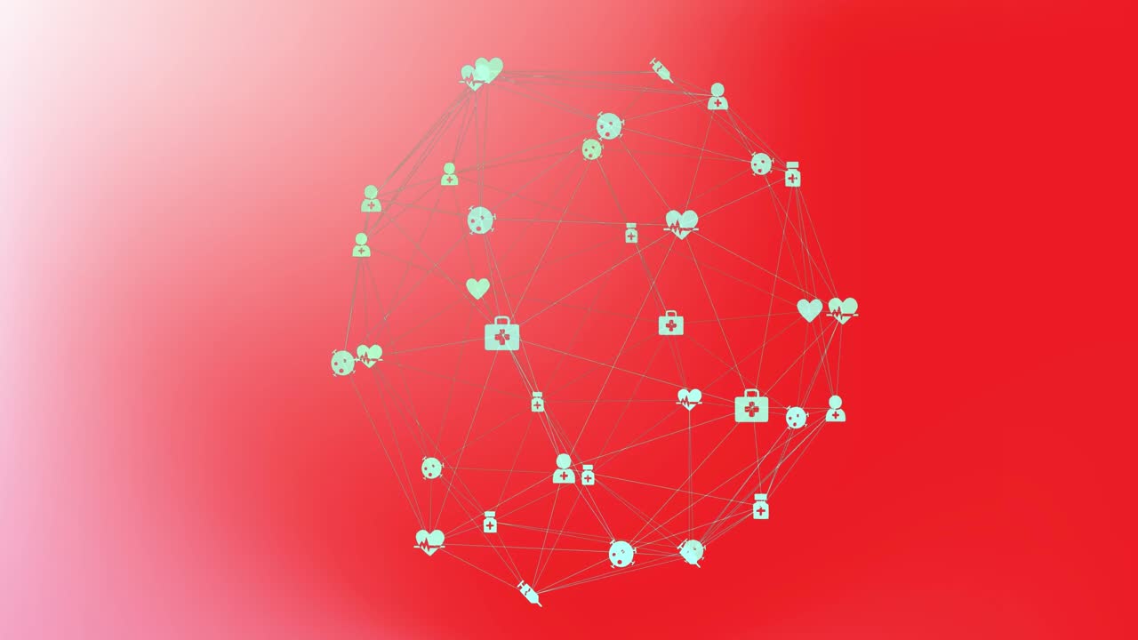 의료 아이콘의 애니메이션은 선으로 연결되어 빨간 바탕에 지구를 형성합니다.