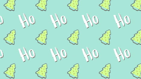 animation of multiple ho ho text and christmas tree on blue background