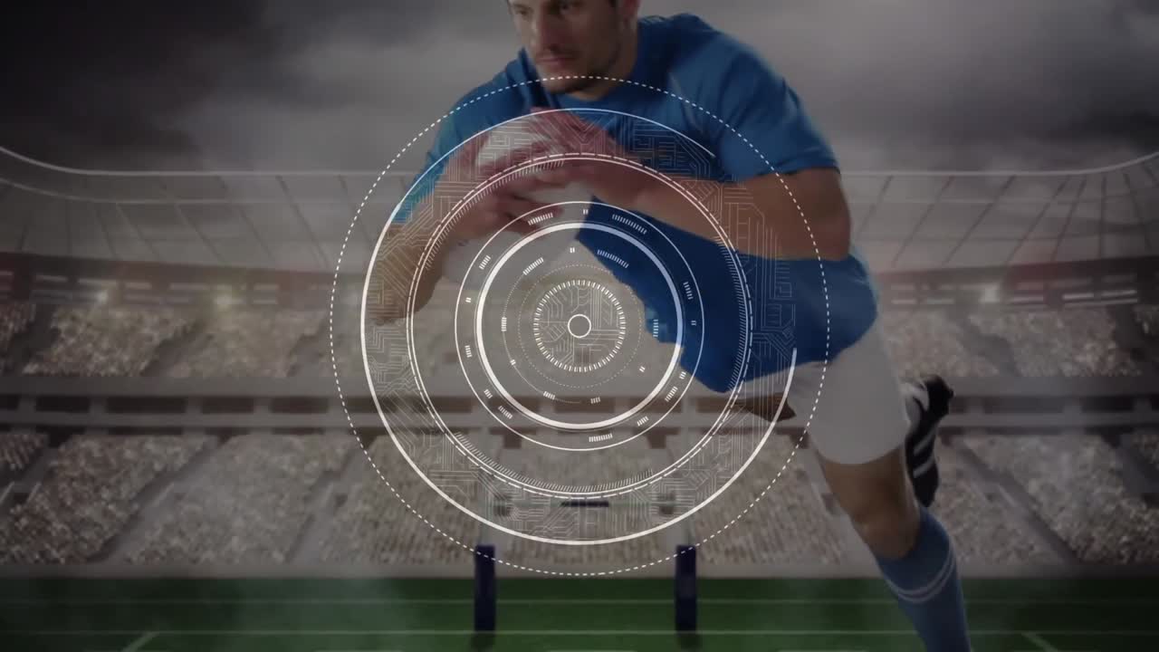 animación del procesamiento de datos sobre un jugador de rugby caucásico en el estadio.