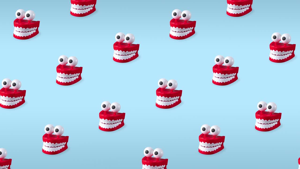 seamless looping animation of chattering teeth toys with big eyes on blue pastel background. patern of plastic red mouths with white fangs is a concept of oral hygiene and healthy teeth