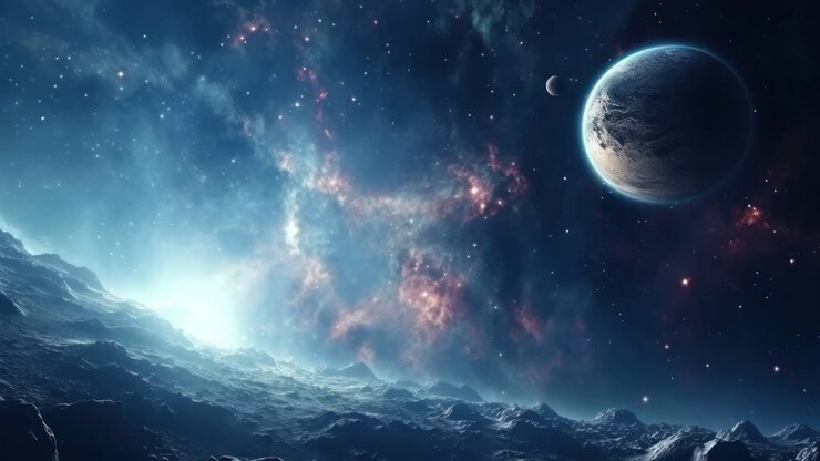 A cosmic landscape with a distant planet and stars, viewed from a low angle