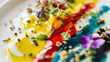 colorful sauces and edible flowers are decorating a gourmet dish served on a white plate, creating an artistic and delicious culinary experience