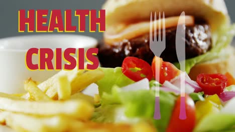 Health-Crisis-text-and-knife-and-fork-icon-against-burger,-fries-and-salad