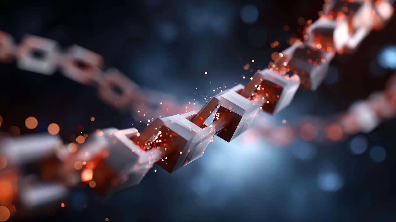 Captivating close-up of a glowing chain showcasing intricate links and vibrant sparks, symbolizing connection and energy in a mesmerizing digital landscape