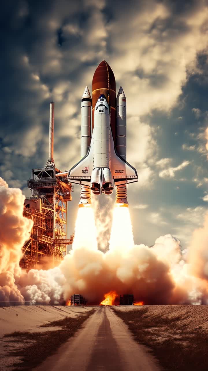 Drammatica inquadratura dal basso verso l'alto del lancio di uno space shuttle, che cattura la potenza e l'intensità