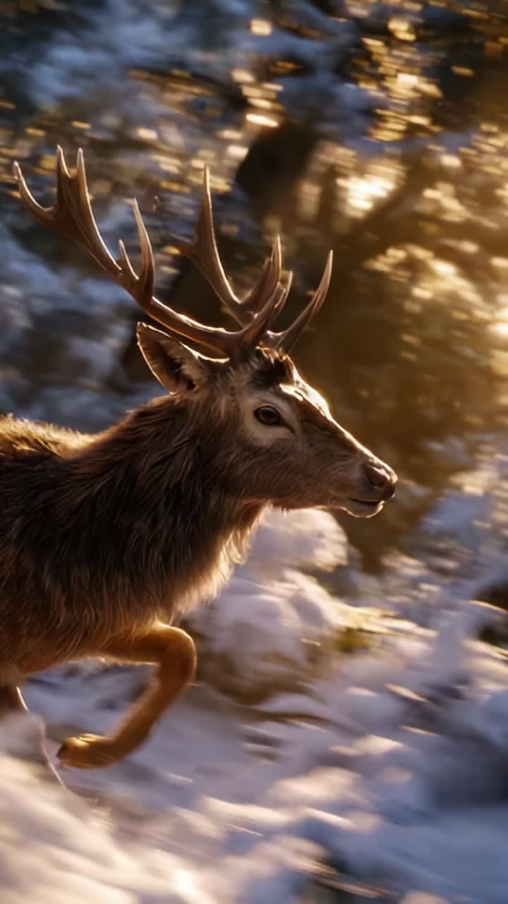 Graceful Deer Running Through a Snowy Landscape Under Soft Light, Capturing the Beauty and Majesty of Nature in a Serene Winter Setting