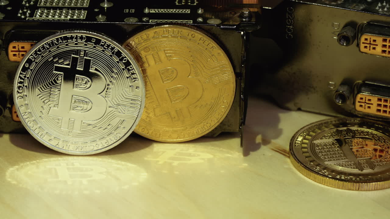 Golden and silver bitcoin crypto money with old dollar coins, close up, graphic video card mining