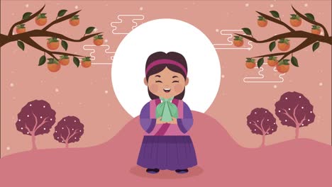 happy chuseok celebration animation with asian girl and oranges trees