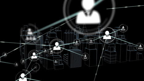 animation of network of connections with icons over 3d city drawing on black background
