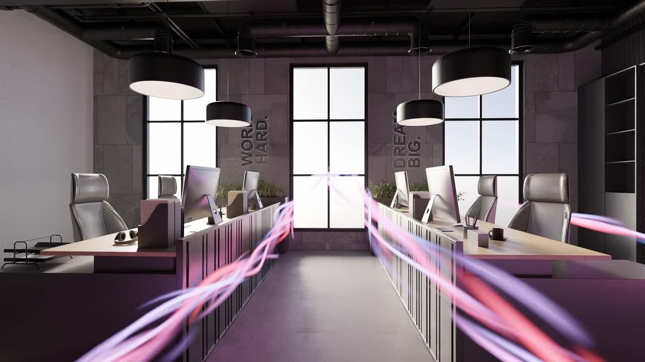 ufficio moderno vuoto con portatile e scrivania assistenza clienti azienda sala riunioni con flusso di energia animazione 3d rendering