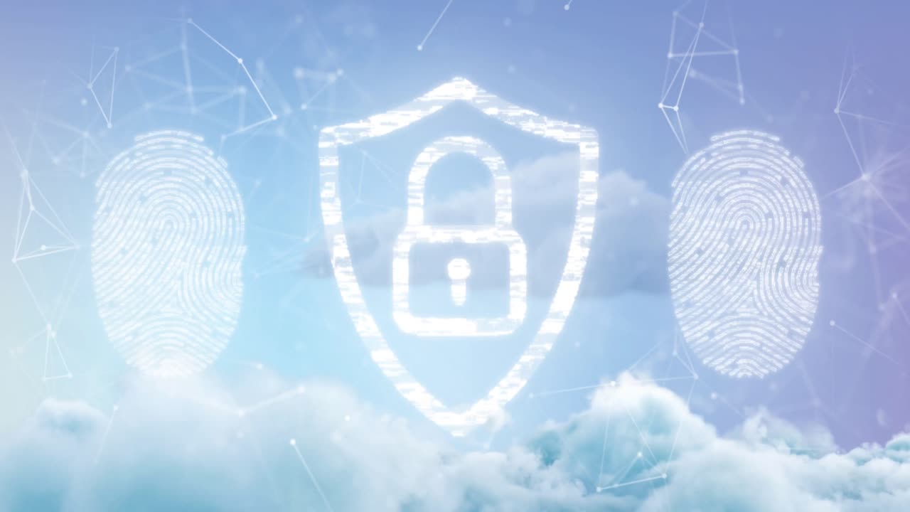 animación de iconos de candado y huellas dactilares con una red de conexiones sobre el cielo con nubes