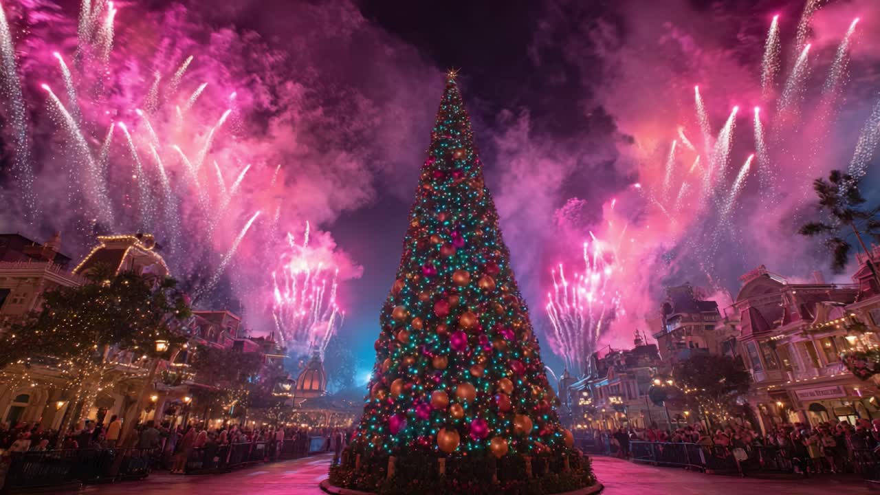 A Stunning Display of Christmas Cheer with a Dazzling Tree and Colorful Fireworks Lighting Up the Night Sky in a Magical Holiday Celebration