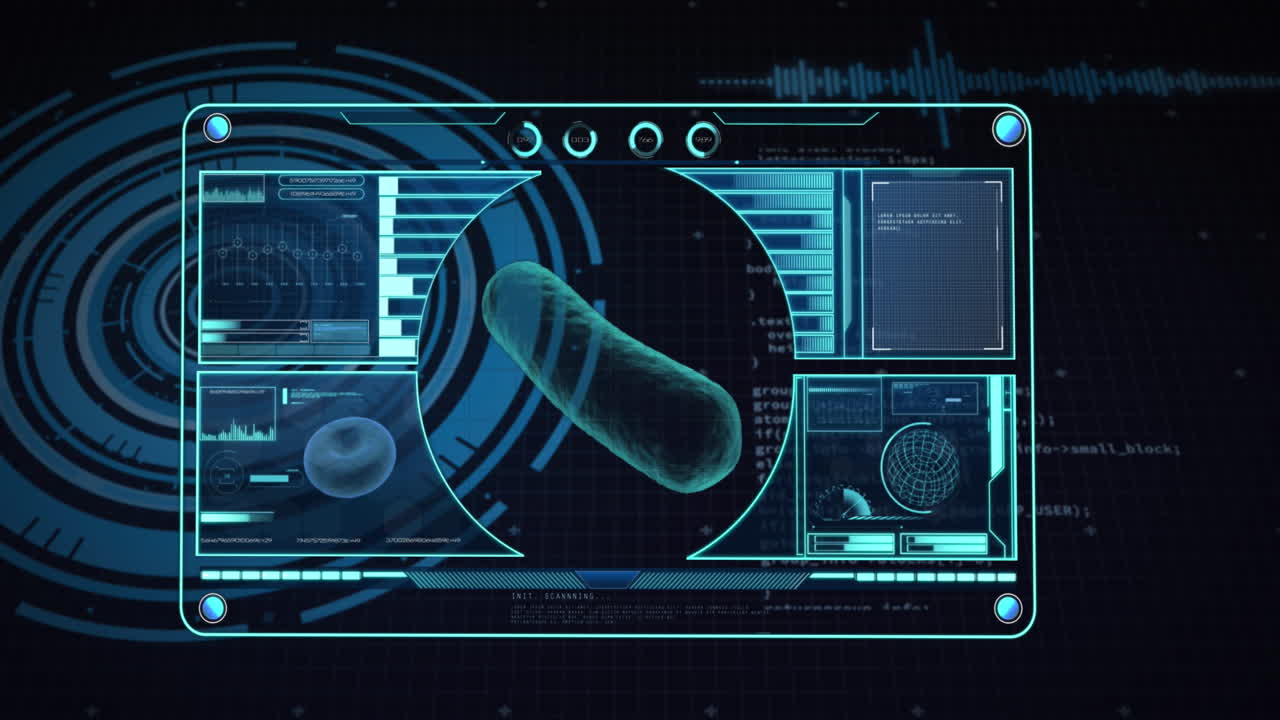 Animation of virus and scientific data processing over screen