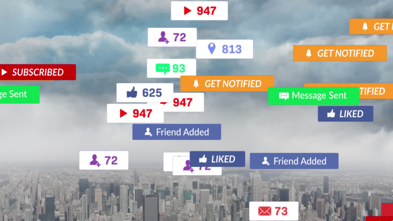 도시 풍경 위에 떨어지는 소셜 미디어 아이콘의 애니메이션